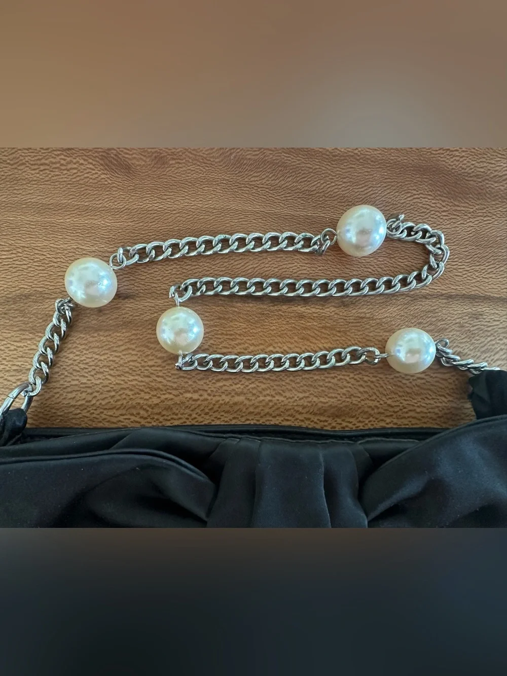 White House Black Market Black Bow-Front Evening Shoulder Bag with Pearl Chain